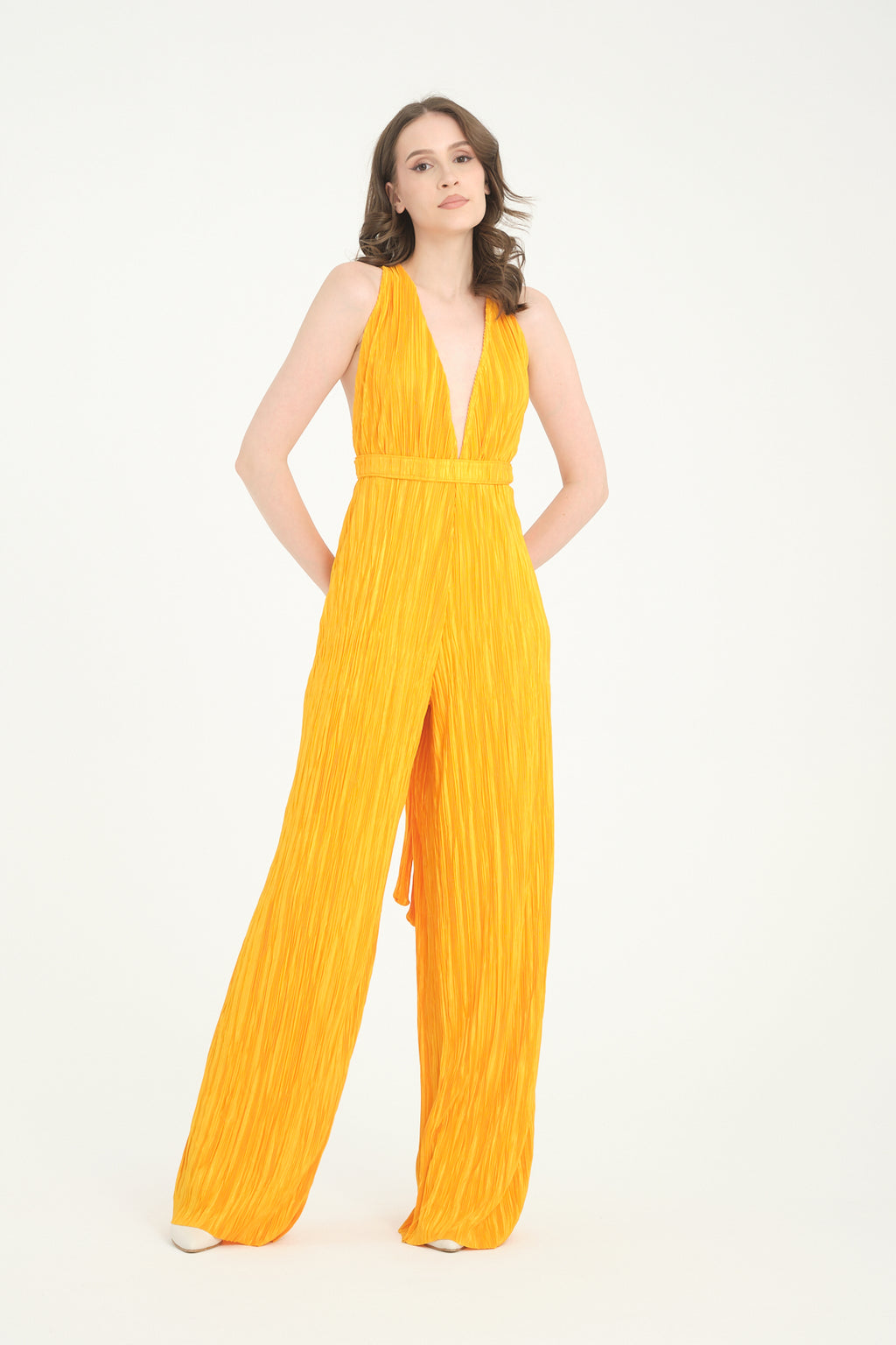 Pileli Wide Leg Açık Sarı Tulum