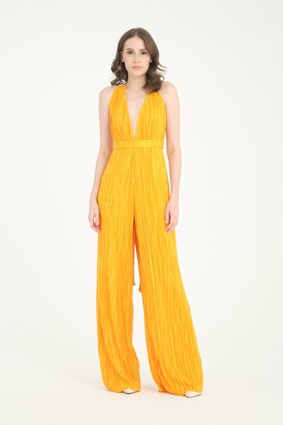 Pileli Wide Leg Açık Sarı Tulum