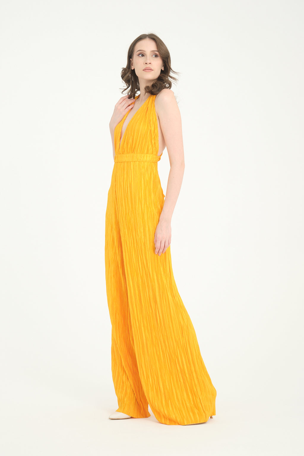 Pileli Wide Leg Açık Sarı Tulum