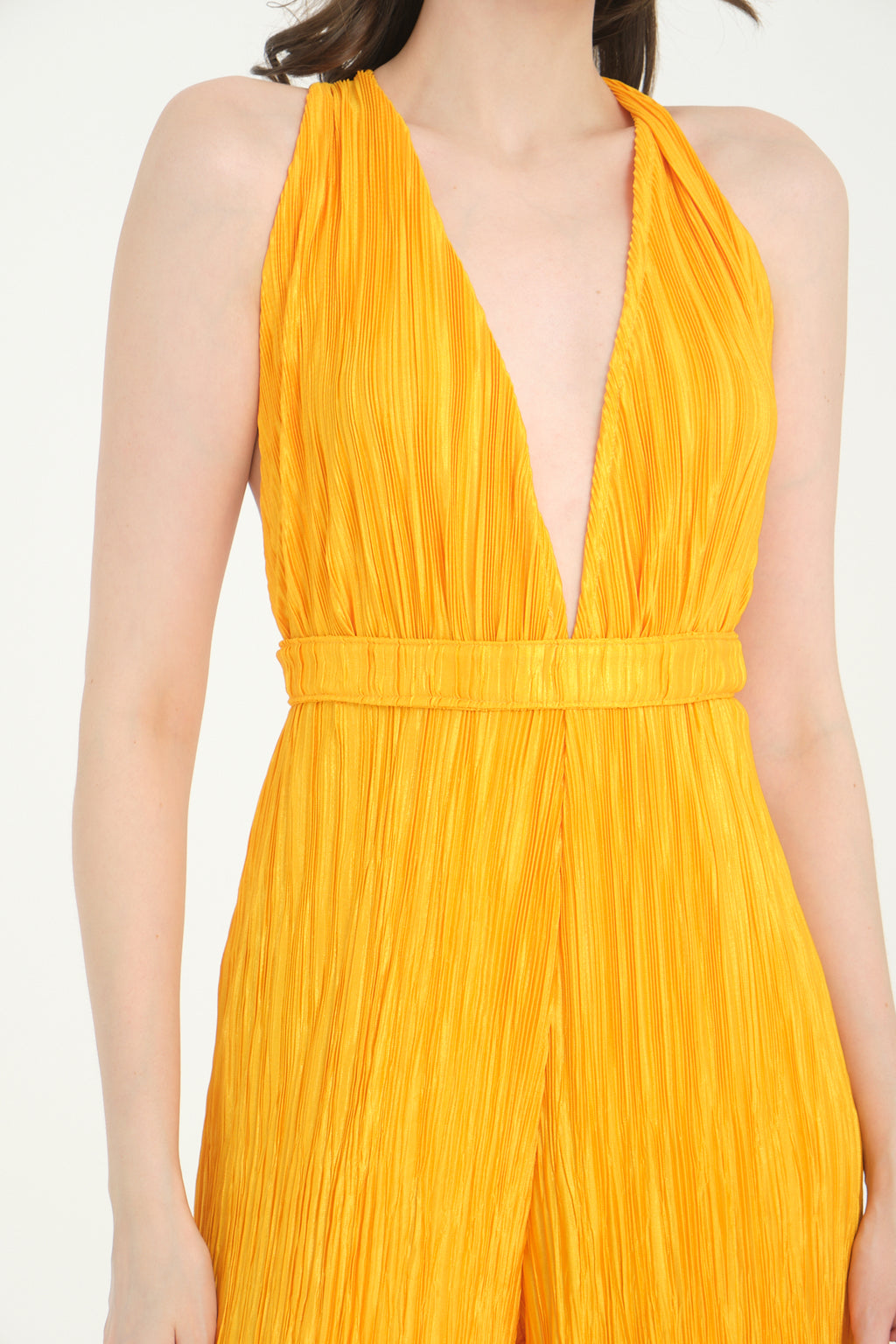 Pileli Wide Leg Açık Sarı Tulum