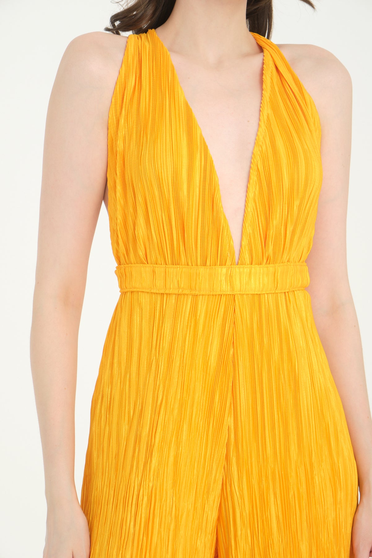 Pileli Wide Leg Açık Sarı Tulum